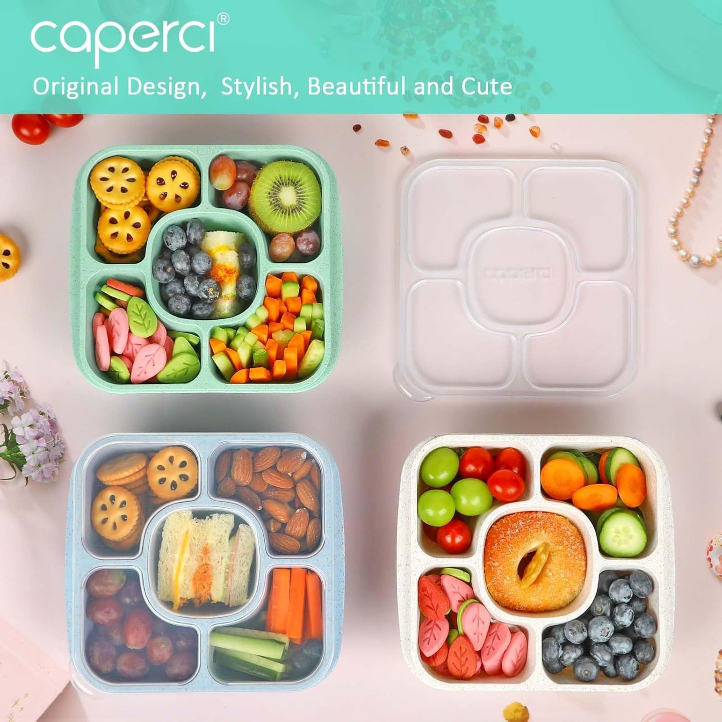 Caperci Original Bento Snack Box and Lunchable Containers for Kids & Adults - 5 Compartment Food Storage Containers for Snacks and Meals, Wheat Straw, BPA-Free, Set of 4 (Multicolor & Clear Lids)