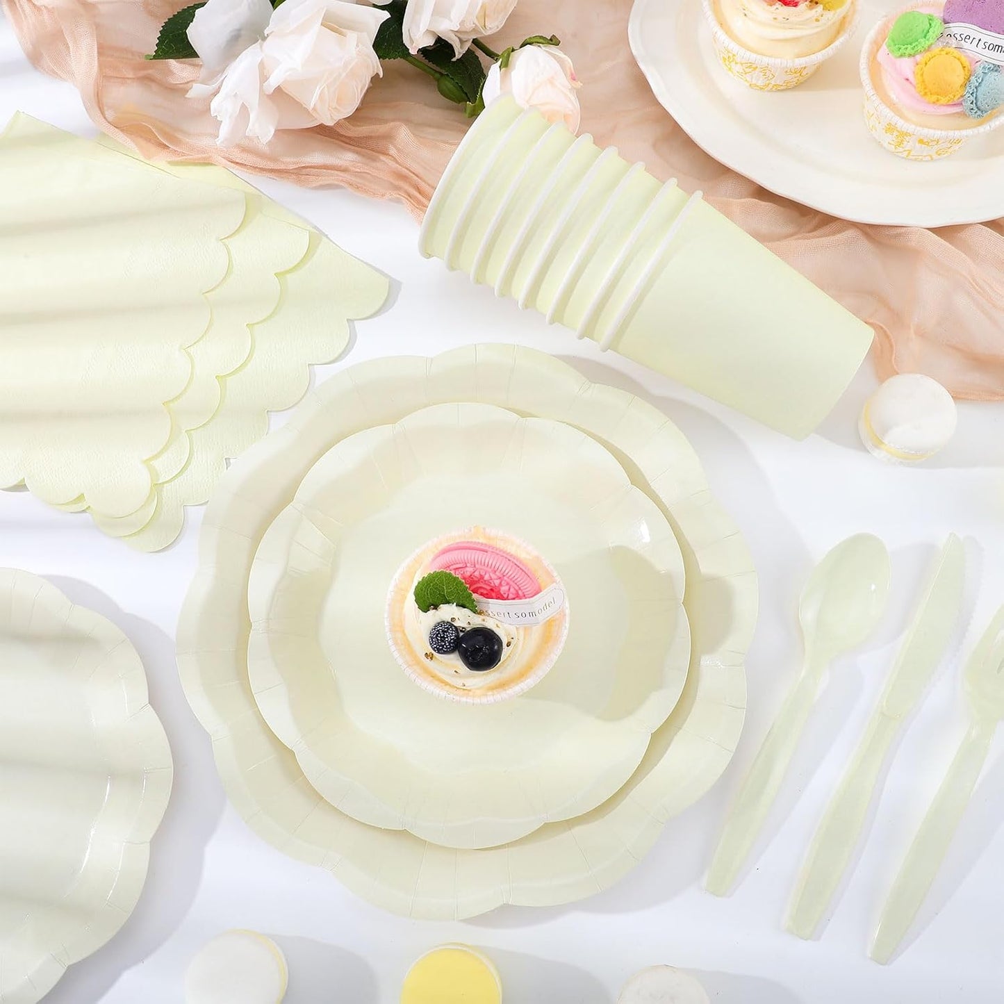 175 Pcs Thanksgiving Ivory Plates and Napkins Set, 25 Guest Cream Party Supplies Include Beige Scalloped Plate Paper Napkin Cup Fork Knives Disposable Plastic Cutlery for Wedding Baby Shower