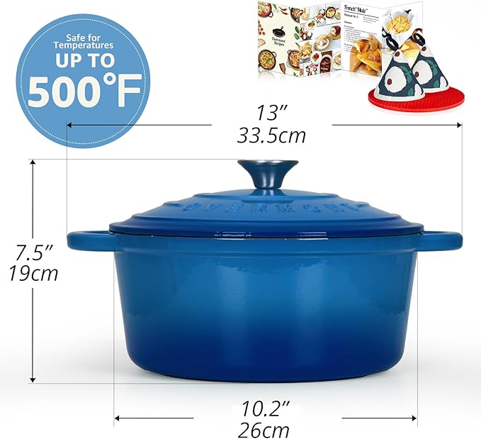 Overmont Enameled Cast Iron Dutch Oven - 5.5QT Pot with Lid Cookbook & Cotton Potholders - Heavy-Duty Cookware for Braising, Stews, Roasting, Bread Baking blue