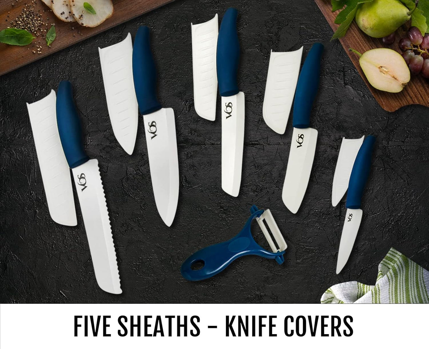 Vos Ceramic Knife Set with Peeler – 4", 5", 6", 7", 8" Blue Ceramic Kitchen Knives