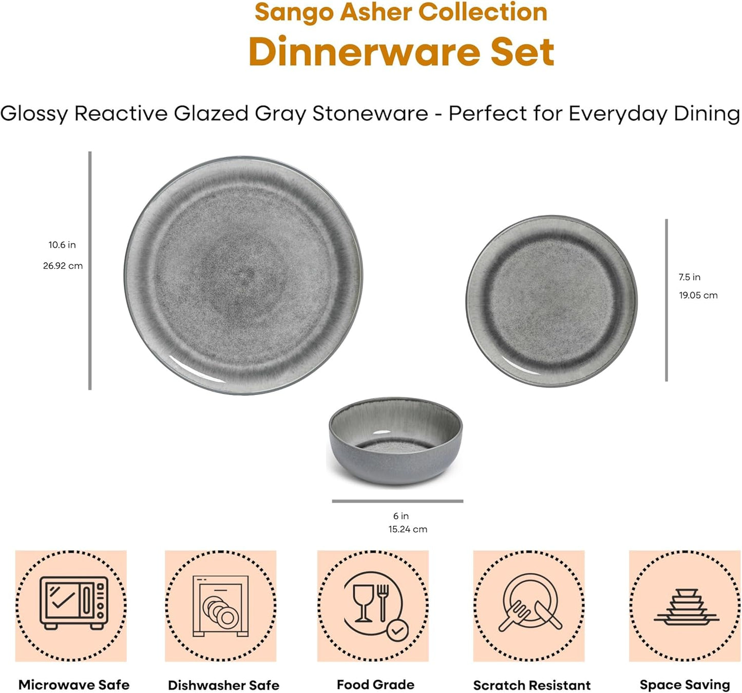 Sango Asher 12-Piece Stoneware Dinnerware Set for 4, Gray Ceramic Plates and Bowls Sets, Modern Dish Set with Reactive Glaze, Durable Kitchen Dishes for Casual Dining, Microwave & Dishwasher Safe