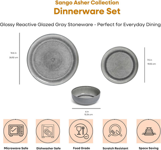 Sango Asher 12-Piece Stoneware Dinnerware Set for 4, Gray Ceramic Plates and Bowls Sets, Modern Dish Set with Reactive Glaze, Durable Kitchen Dishes for Casual Dining, Microwave & Dishwasher Safe