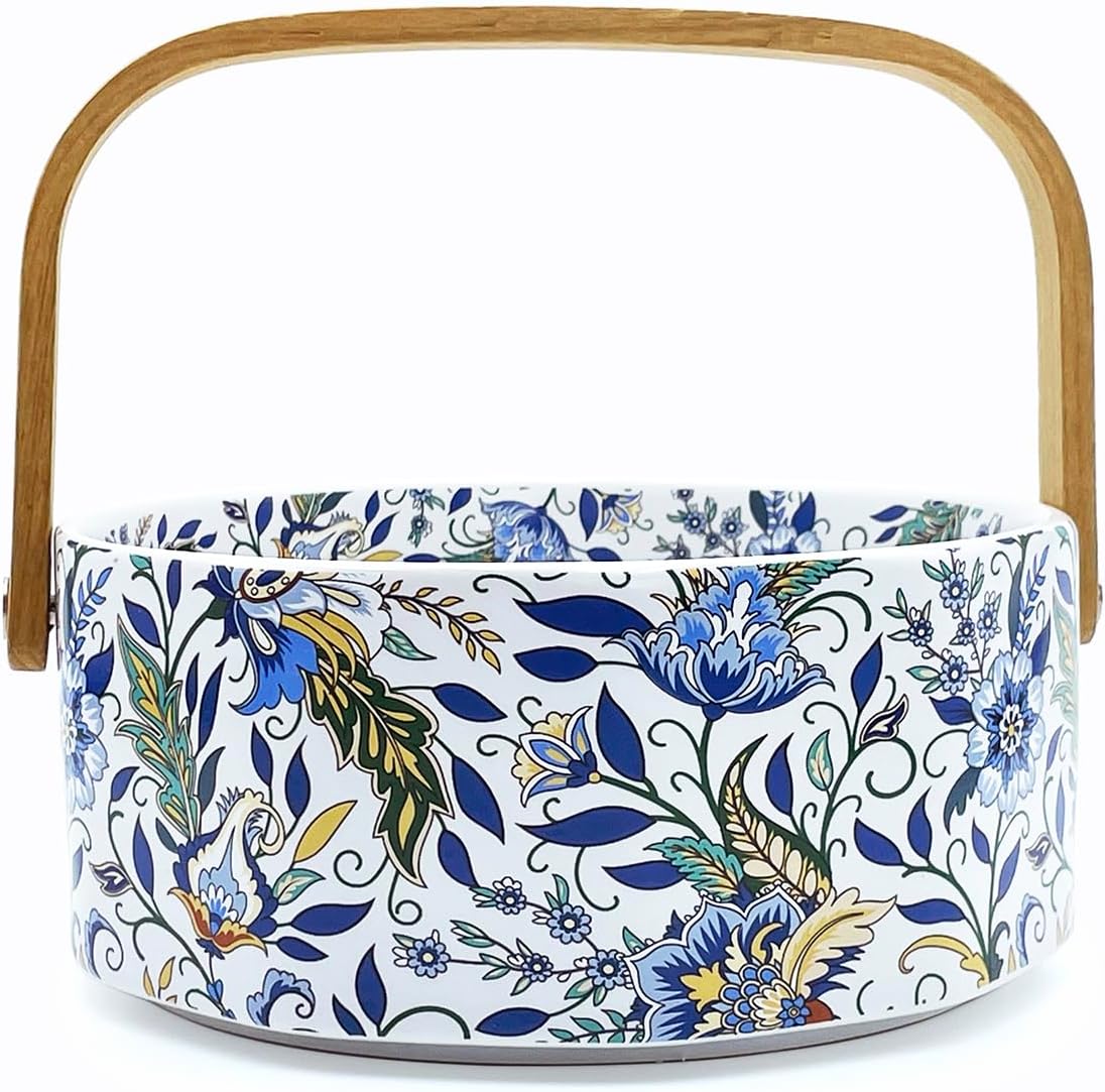 Ceramic Candy Bowl with Wood Handle Candy Dish Decorative Serving Bowl,Kitchen Dining Table Office Decor(White)