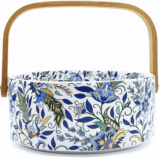 Ceramic Candy Bowl with Wood Handle Candy Dish Decorative Serving Bowl,Kitchen Dining Table Office Decor(White)