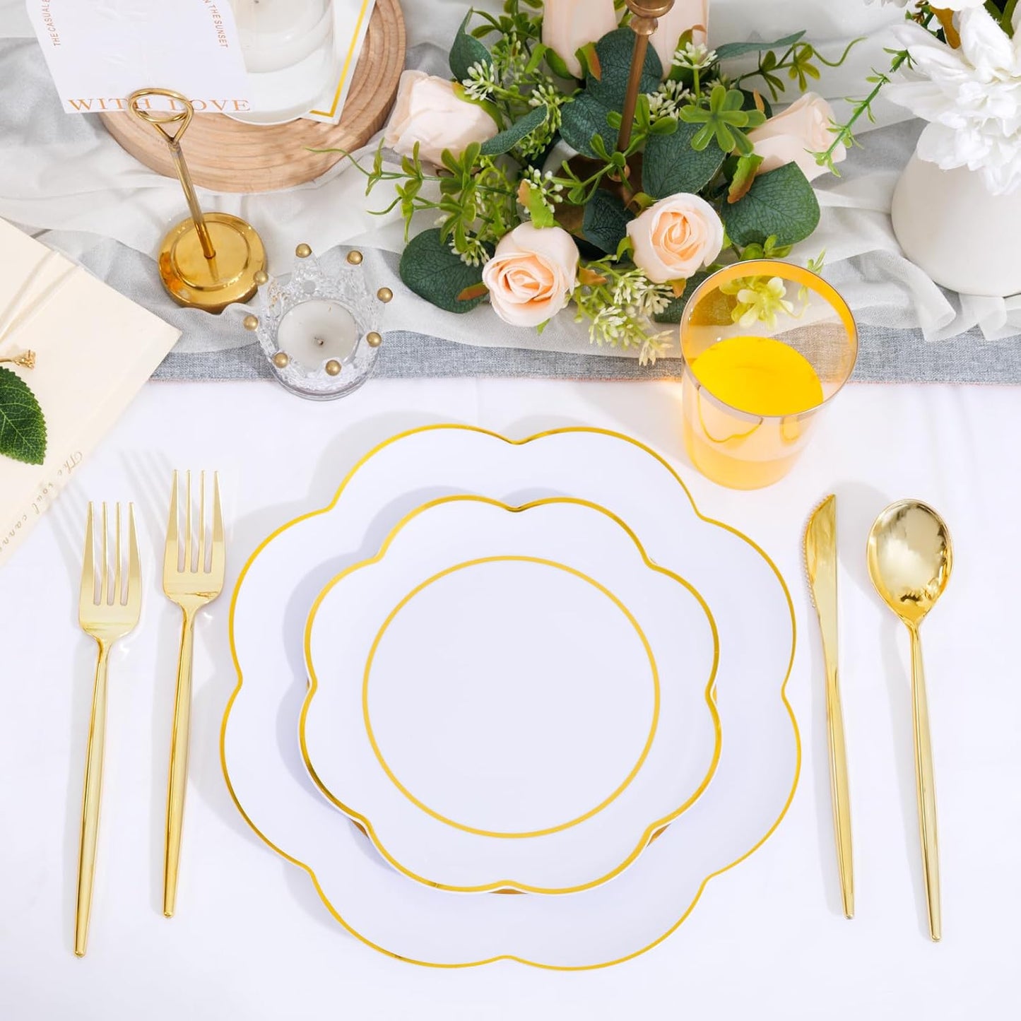 EI 180pcs White Plastic Plates with Gold Plastic Silverware,Heavy-Duty Disposable Plates for Party,White Dinnerware Set for 30 Guest Wedding,Birthday