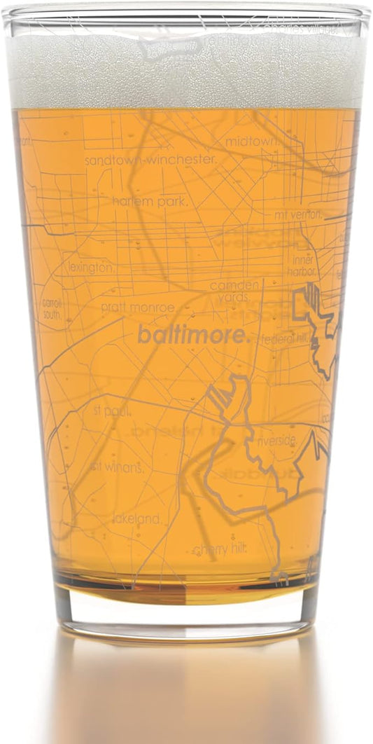 Well Told Engraved Baltimore Maryland Map Pint Glass, Etched Beer Gift (16 oz, Clear) City Map Pint, Custom City Glassware, Gifts For Beer Lovers