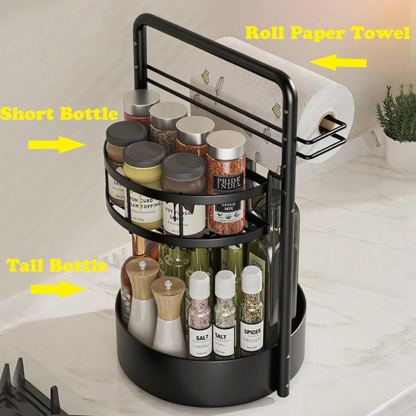 Lazy Susan Organizer, 360° Rotating Metal Spice Rack with Paper Towel Holder, Turntable Spice Holder for Condiments, Bottles, Jars, Suit for Kitchen Countertop & Cabinet, Black