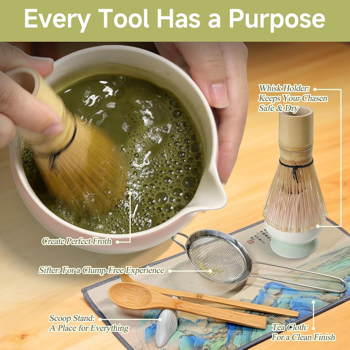 Matcha Whisk Set with Ceramic Bowl - Bamboo Whisk (Chasen), Scoop, Sifter & Holder - Complete Kit for Traditional Matcha Tea - Unique Gifts for Tea Lovers (Sakura Moss Fade)