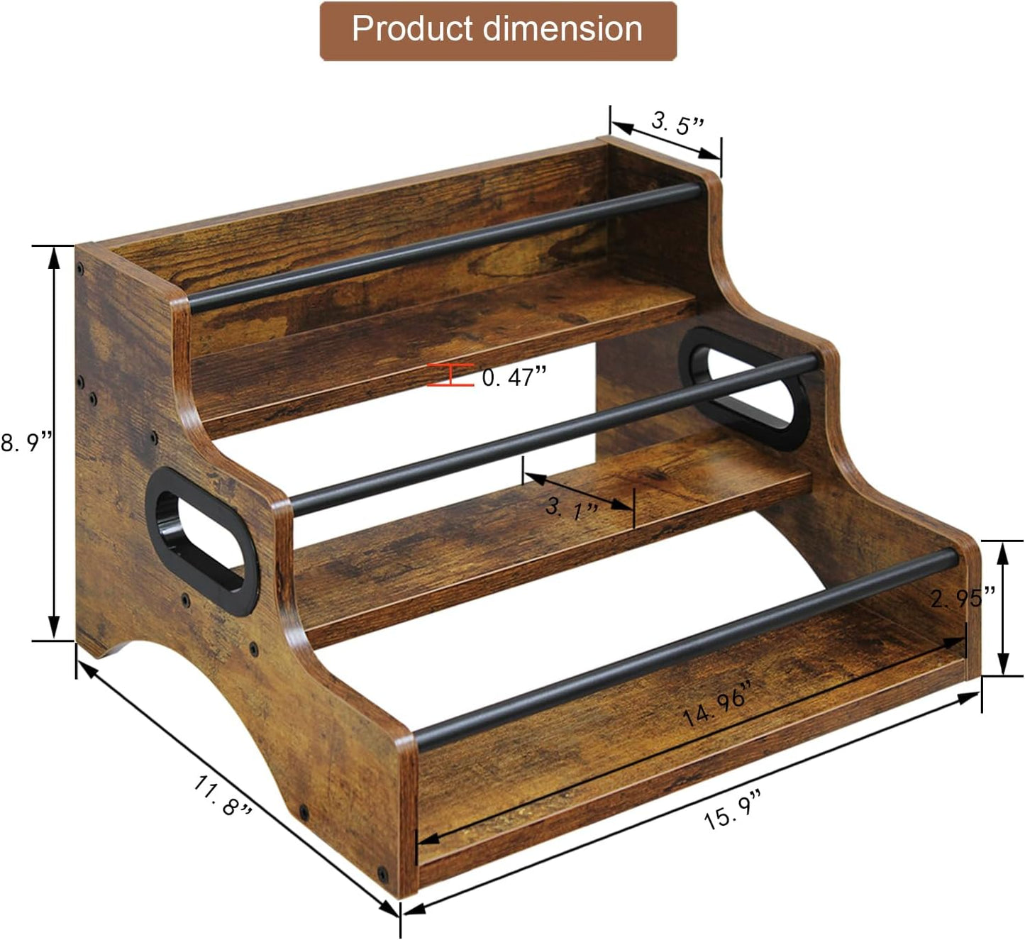 AT-VALY 3-Tier Countertop Wine Rack, Iron&MDF Kitchen Storage Shelf, Space-Saving Countertop Organizer for Spices, Herbs, Seasonings, Sturdy Stylish Condiment Holder(Rustic Brown)