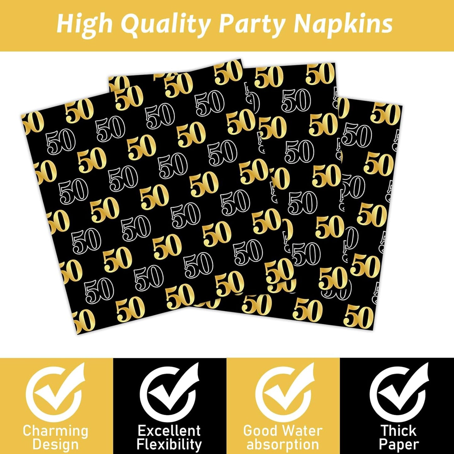 200PCS 50th Theme Birthday Party Tableware Vintage 1975 Party Supplies 50 year old Birthday Party Decorations Plates Napkins Forks Black and Gold Dinnerware Favors for Men or Women