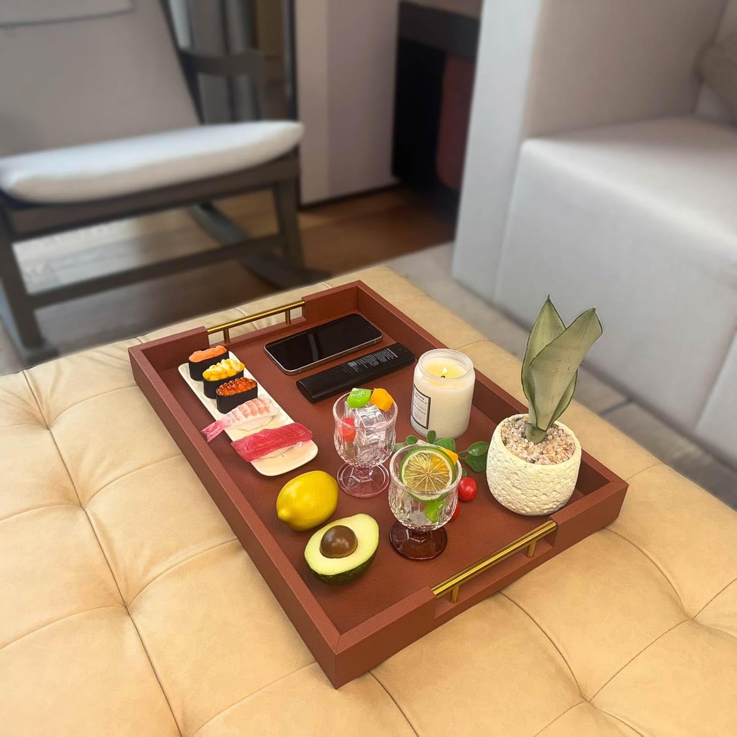 14x20 Inches Brown Faux Leather Wrapped Wood Serving Tray with Metal Handles for Various Occasions, Ottoman, Home Decor Decorative, Living Room, Coffee Table Organizer, Serving Breakfast On Bed