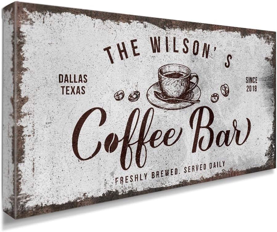 IPIC - Custom Tailored Canvas Coffee Bar Sign, Personalized Wall Art Decor with Family Name, Large Canvas Signage for Home, Kitchen, Coffee Station, Business, and Office