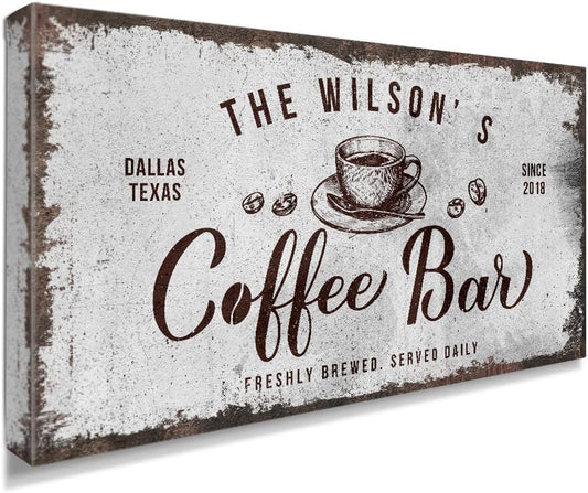 IPIC - Custom Tailored Canvas Coffee Bar Sign, Personalized Wall Art Decor with Family Name, Large Canvas Signage for Home, Kitchen, Coffee Station, Business, and Office