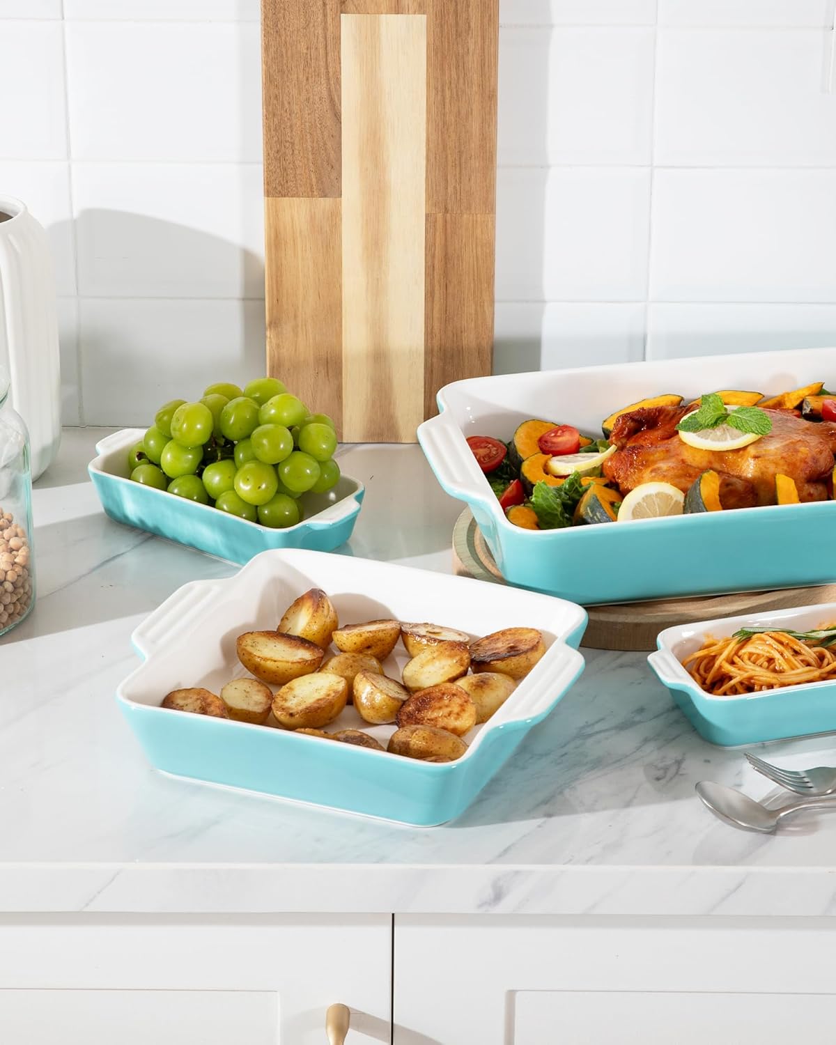 Sweejar Ceramic Bakeware Set of 4, Casserole Dishes for Oven, Rectangular Baking Dish with Handles, Lasagna Pans Deep for Cooking, Gratin, Roasting, Banquet and Daily Use (Turquoise)