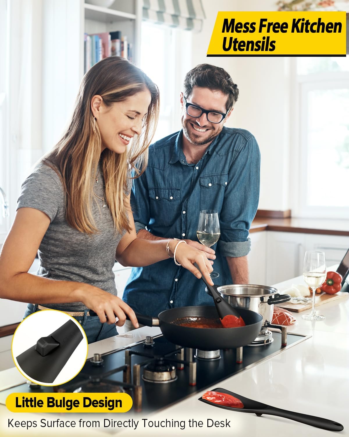 Pack of 2 Cooking Spoons for Non Stick Cookware, Multifunction Spatula Spoon BPA-Free, One-Piece Design, Suitable for Scooping, Scraping, Serving and Mixing (BLACK-BLACK)