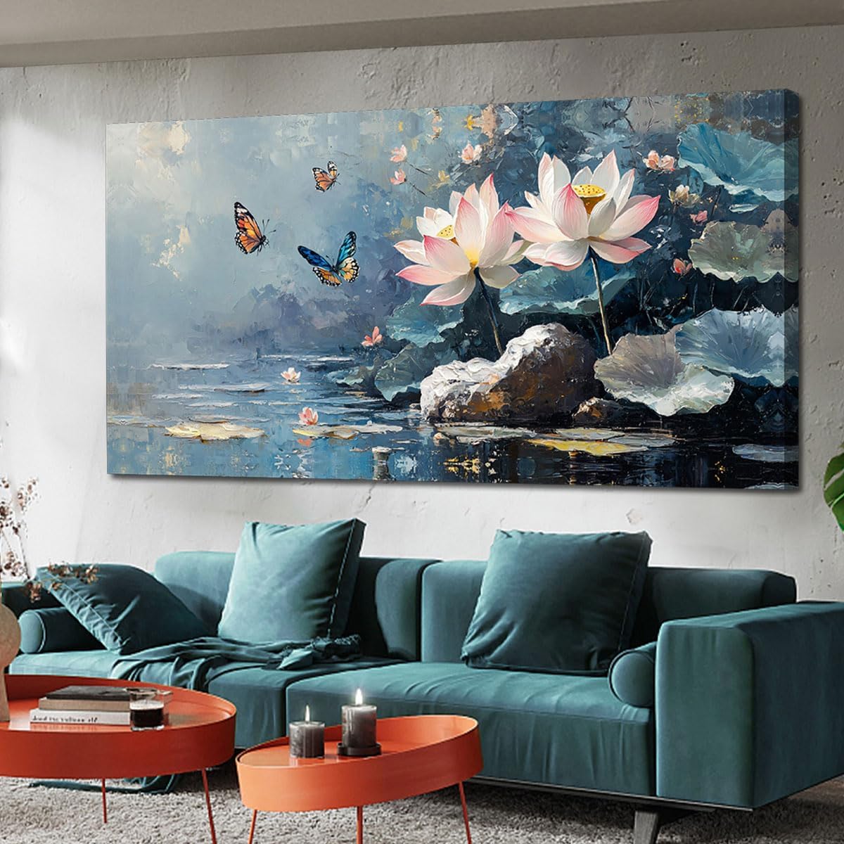 Ardemy Lotus Large Wall Art for Living Room Butterfly Canvas Art Wall Decor Textured Pictures Artwork Bedroom Kitchen Dining Home Office, 58"x29"