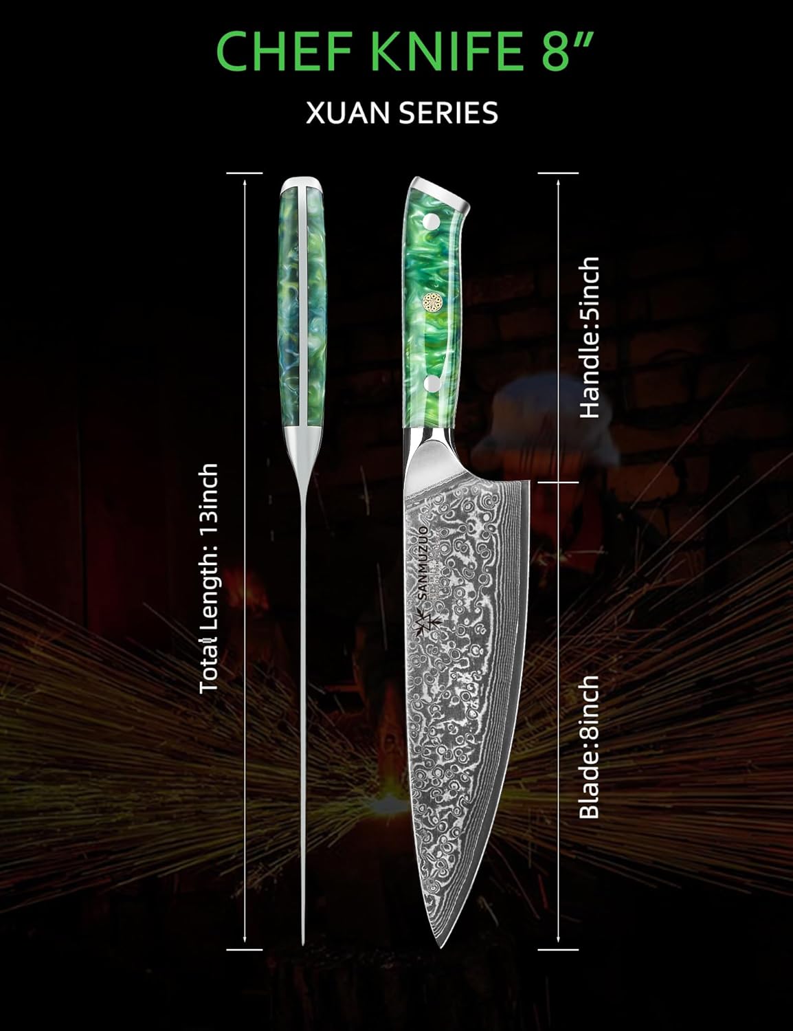 Chef Knife - 8 inch - Xuan Series - VG10 Damascus Steel Kitchen Knife - Resin Handle (Jade Green)