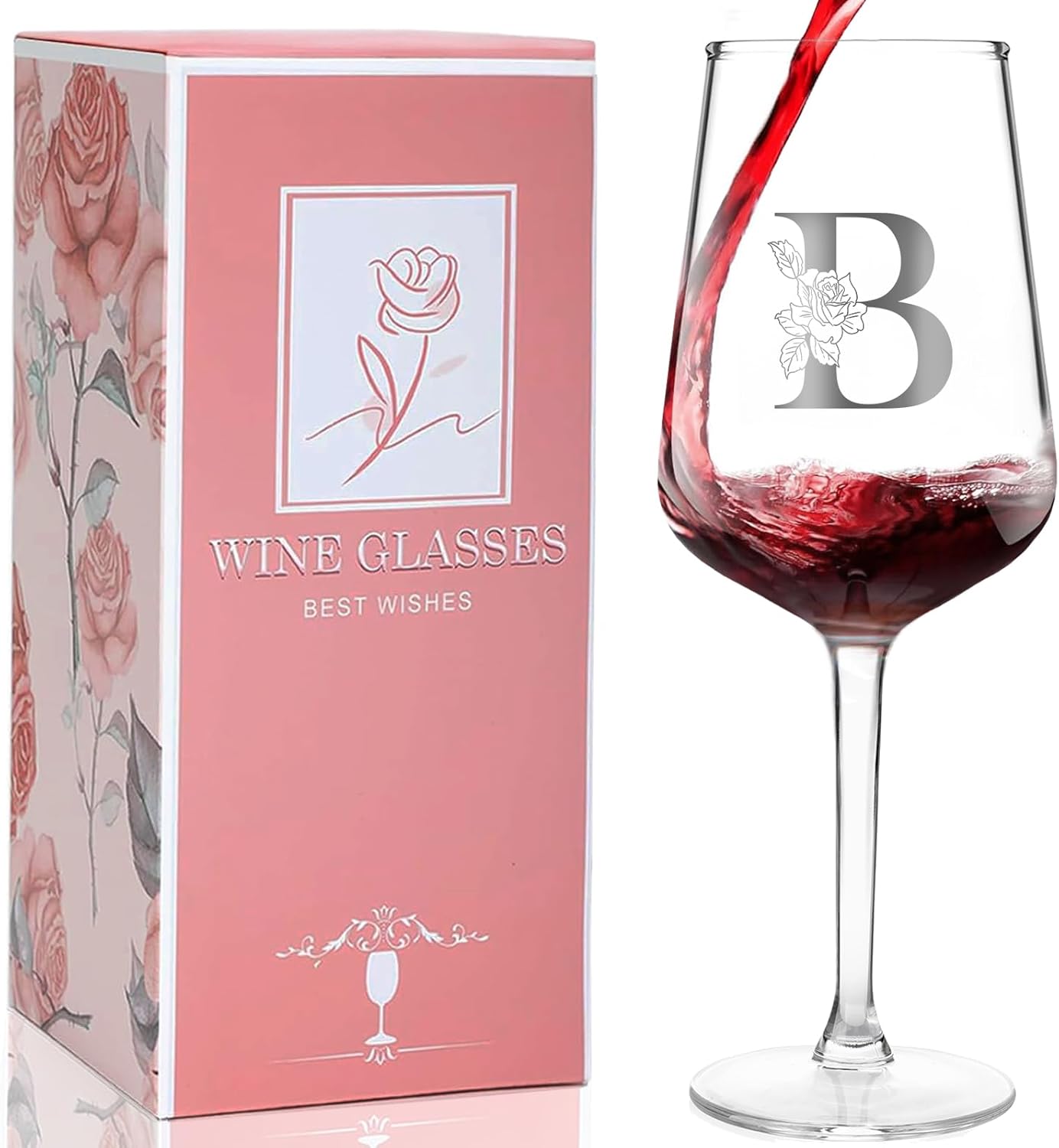 Personalized Wine Glass Gifts for Women, Monogrammed A-Z Wine Glass with Gift Box & Greeting Card, Customized Wine Glasses Initial Wine Glasses Gift for Birthday, Mothers Day, Best Friend, Sister (B)