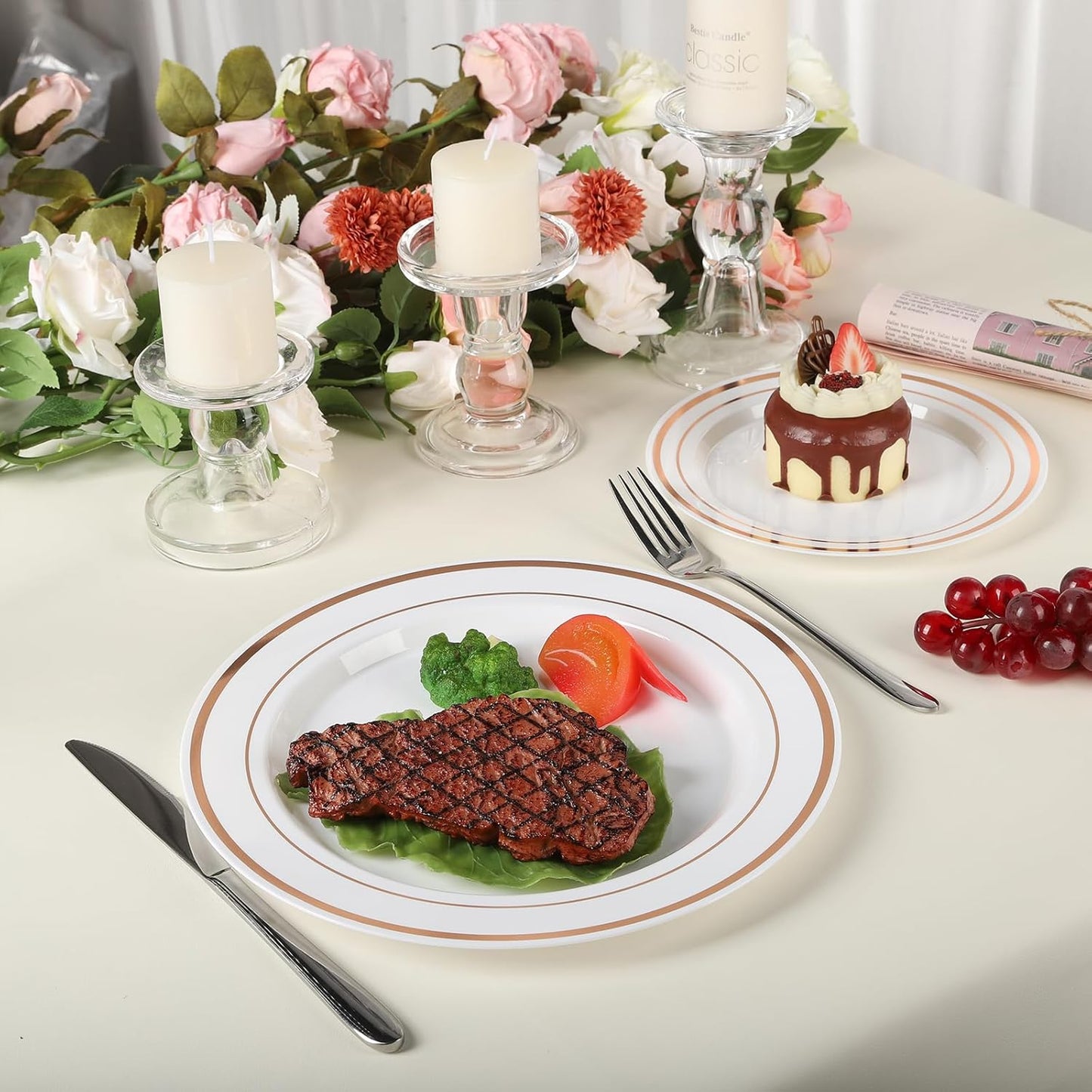 100PCS Rose Gold Plastic Plates Disposable Heavy Duty Include 50PCS 10.25inch Dinner and 50PCS 7.5inch Dessert Plastic Plates for Party Wedding Anniversary New Year