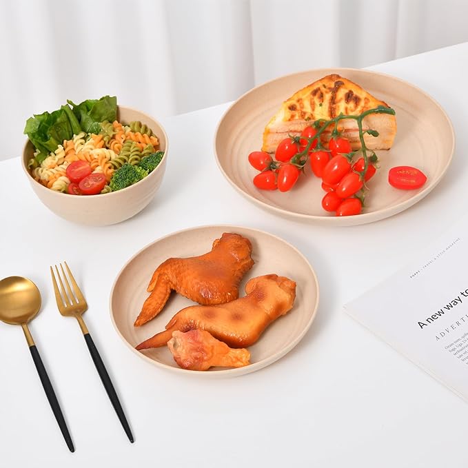 24 - Piece Wheat Straw Dinnerware Set - Plates and Bowls for 6, Unbreakable, Dishwasher & Microwave Safe, Reusable, Lightweight Tableware, Ideal for Camping and Everyday Use (Beige)