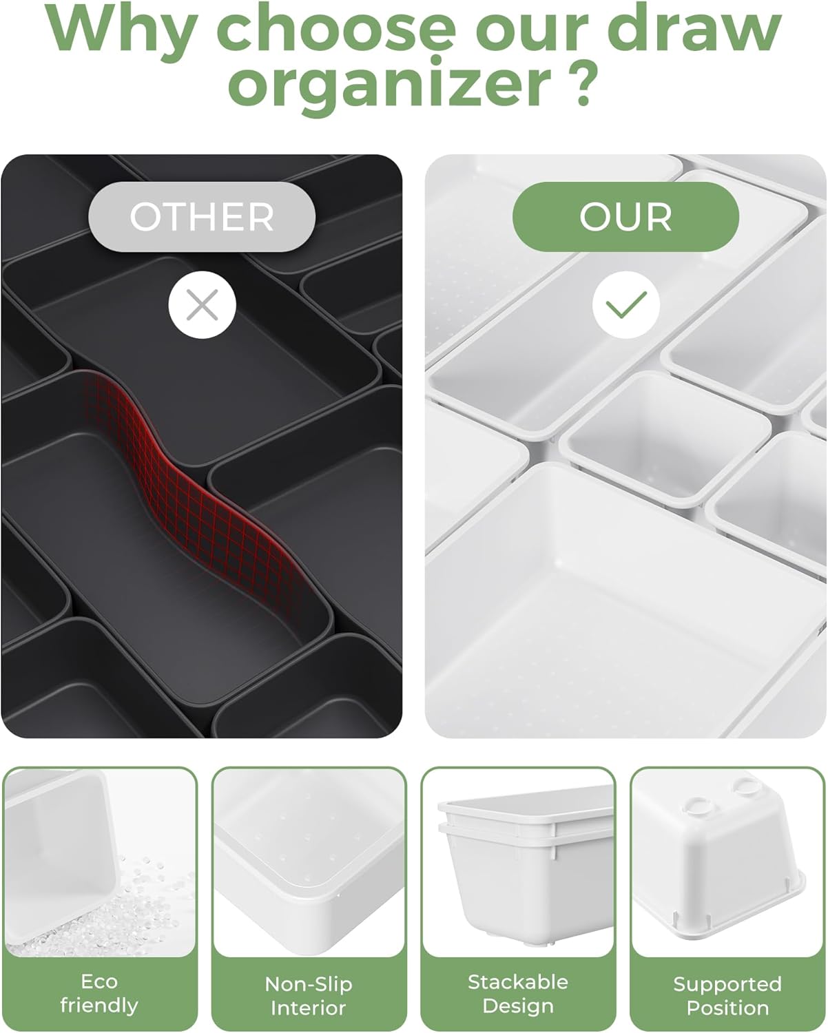 25 PCS Plastic Drawer Organizers Set, 4-Sizes Vanity and Makeup Organizer, Desk and bathroom Drawer Organizer Trays, Organizers and Storage for Makeup, Jewelry, Gadgets, Utensils (White)