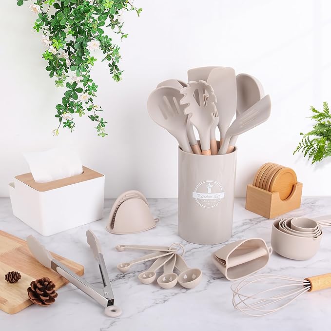 24 Pcs Kitchen Cooking Utensils Set,446°F Heat Resistant Non-Stick Silicone Kitchen Utensil Set With Wooden Handles and Holder,Kitchen Gadgets for Cookware,Kitchen Accessories,Khaki