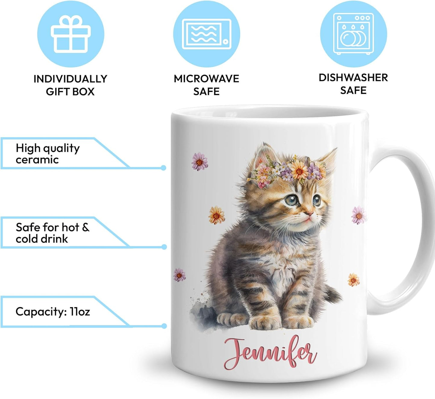 Hyturtle Personalized Gifts Cat Lover - Just A Girl Who Loves Cats Custom Name Ceramic Coffee Mug Cup 11oz - Idea Cute Animal Lover Gifts For Women, Girl Daughter On Birthday, Christmas