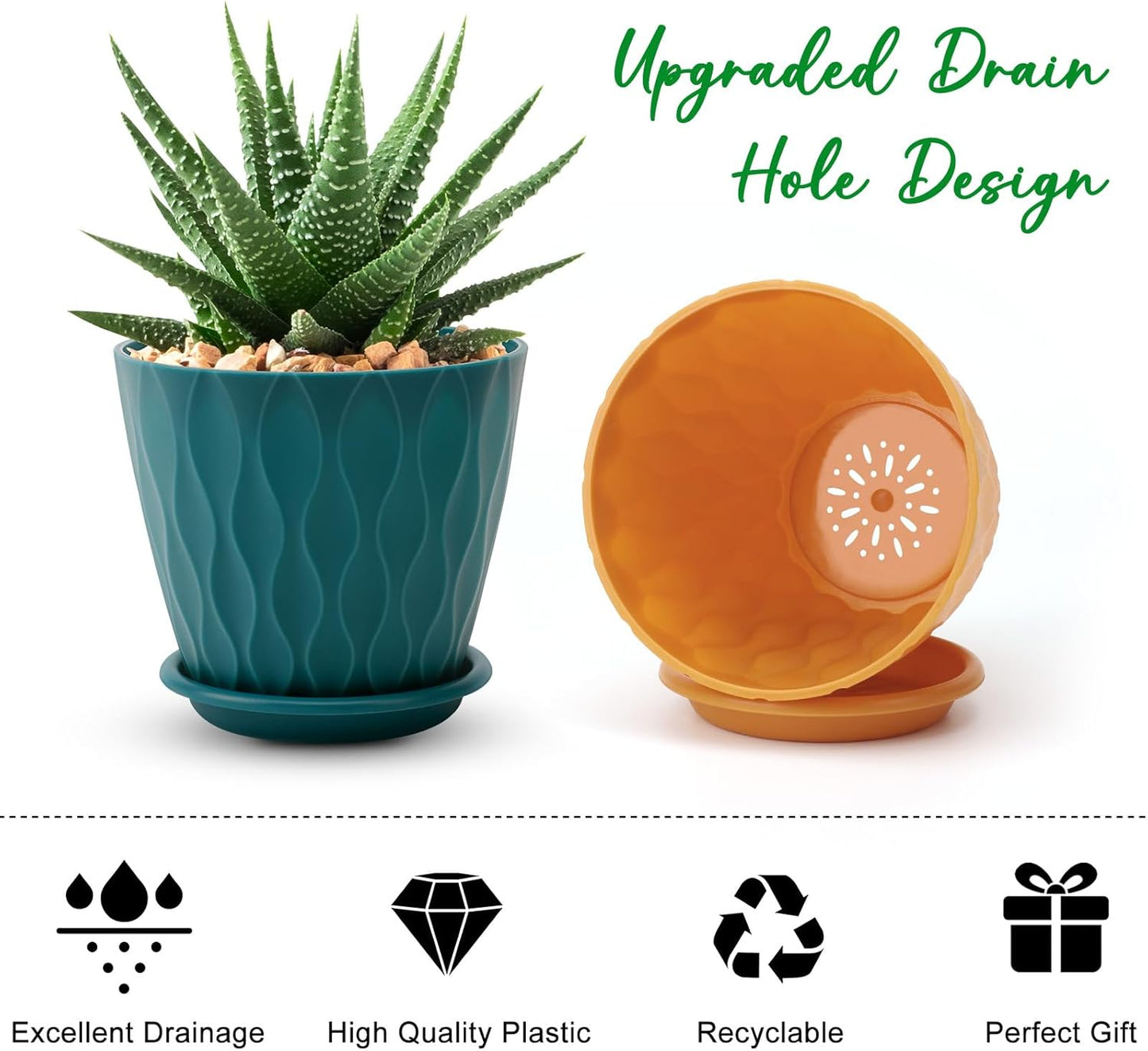 4 inch Plant Pots, 5 Pack Flower Pots Outdoor Indoor, Planters with Drainage Holes and Tray Saucers (Multicolor)