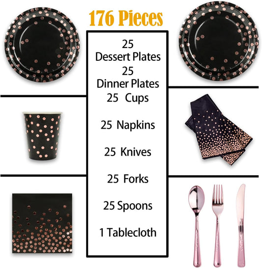 176 Pieces Gold Disposable Party Dinnerware Set &Golden Dot Disposable Party Dinnerware - Black Paper Plates Napkins Cups, Gold Plastic Forks Knives Spoons (25 Guests,176 Pieces)