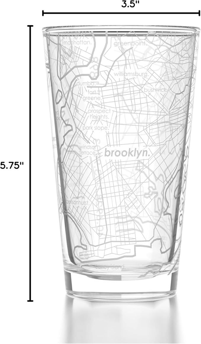 Well Told Engraved Brooklyn New York Map Pint Glass, Etched Beer Gift (16 oz, Clear) City Map Pint, Custom City Glassware, Gifts For Beer Lovers