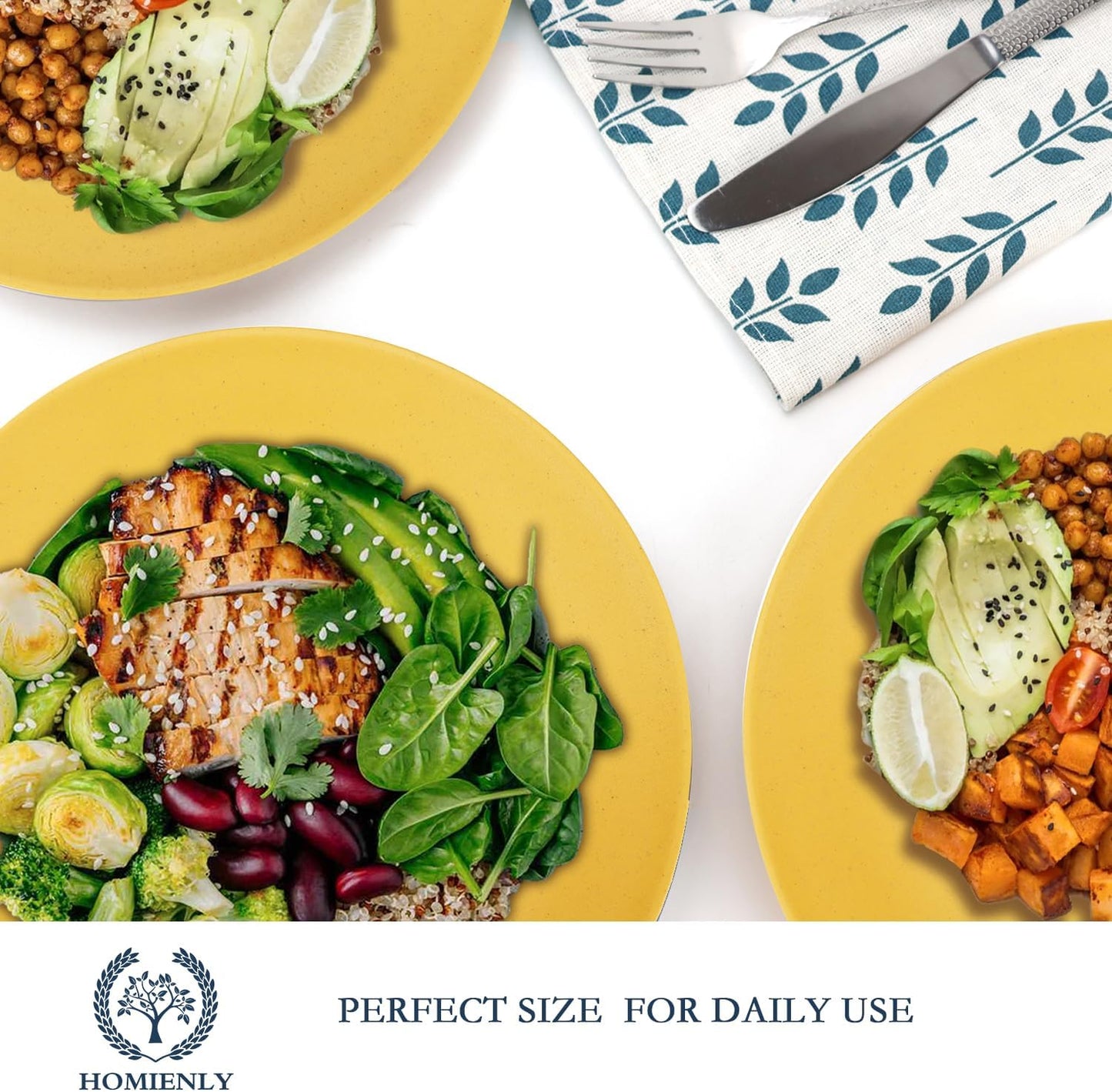 Homienly Flat Dinner Plates Set of 8, Alternative to Plastic, Microwave & Dishwasher Safe, Wheat Straw, Unbreakable Kids Plates (Yellow, 10 inch)