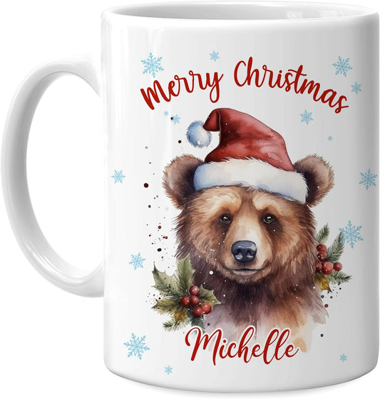 Hyturtle Personalized Gifts Bear Lover - Bear Wearing Santa Hat Custom Name Ceramic Coffee Mug Cup 11oz - Cute Animal Lovers Gifts For Women, Girl kids Family On Birthday, Christmas