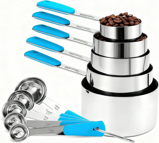 Measuring Cups and Spoons Set, Stainless Steel 10 Piece for Cooking and Baking (5 Cups + 5 Spoons, Light Blue Handle)