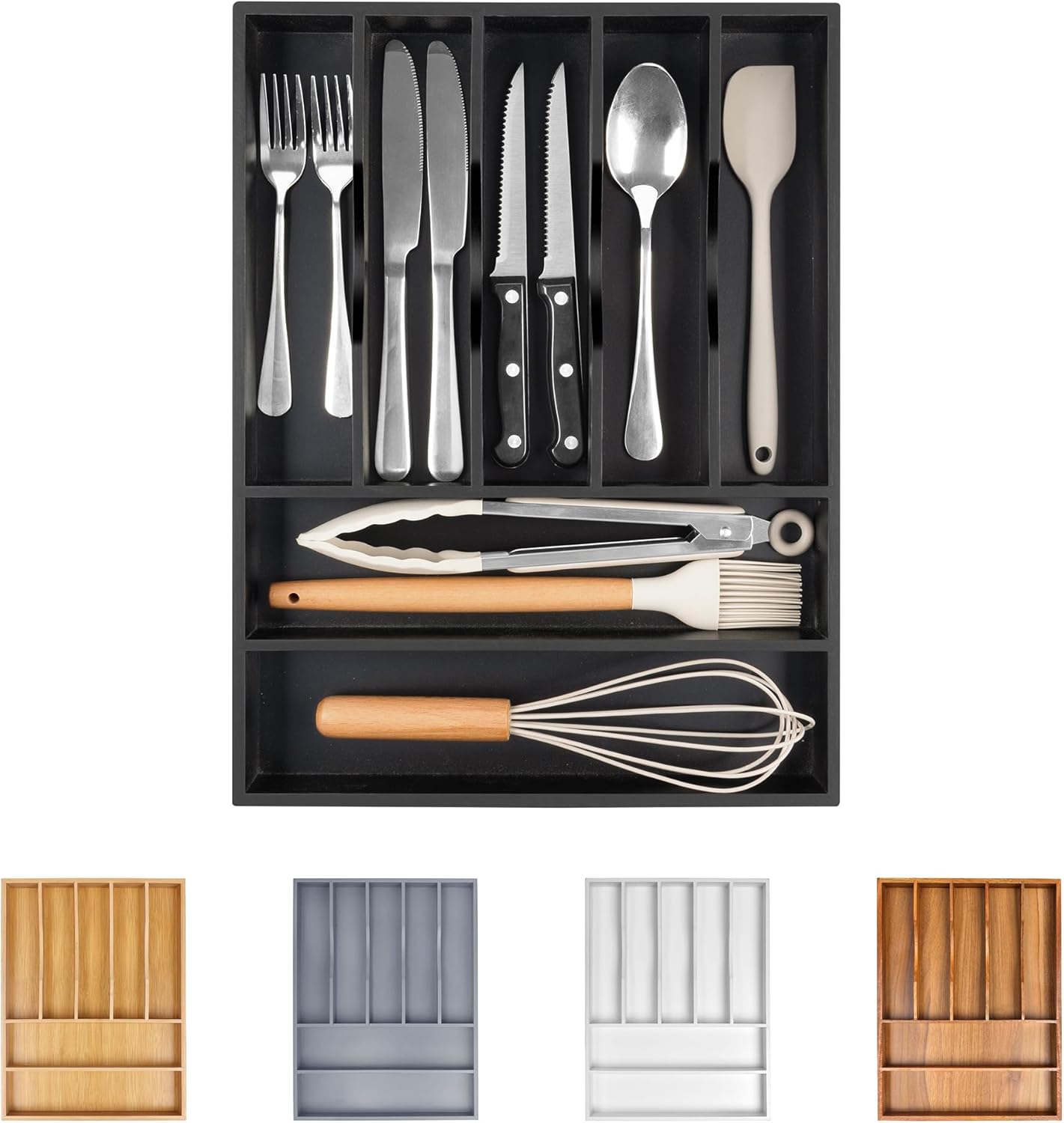 Bellsal Bamboo Silverware Drawer Organizer, Utensil Kitchen Drawer Organizer, Utensil Holder Cutlery Tray with Grooved Drawer Dividers for Kitchen Utensils and Flatware Bedroom Office (7 Slot, Black)