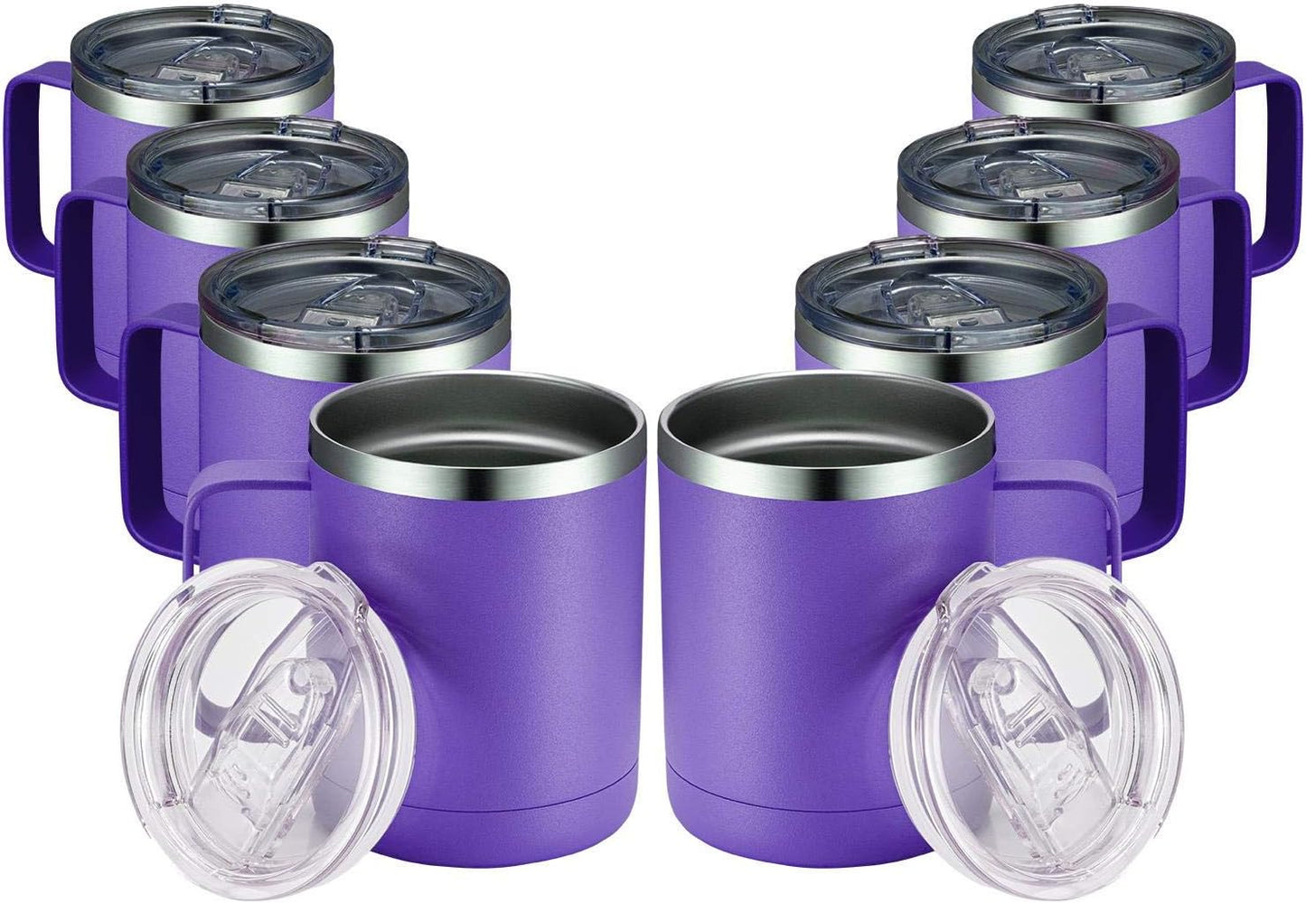 MEWAY 12oz Coffee Mug With Handle 8 Pack Bulk,Stainless Steel Insulated Travel Tumblers With Sliding Lid,Double Wall Vacuum Camping Cup for Hot & Cold Drinks Tea (Purple,Set of 8)