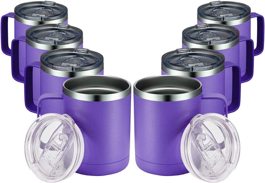 MEWAY 12oz Coffee Mug With Handle 8 Pack Bulk,Stainless Steel Insulated Travel Tumblers With Sliding Lid,Double Wall Vacuum Camping Cup for Hot & Cold Drinks Tea (Purple,Set of 8)