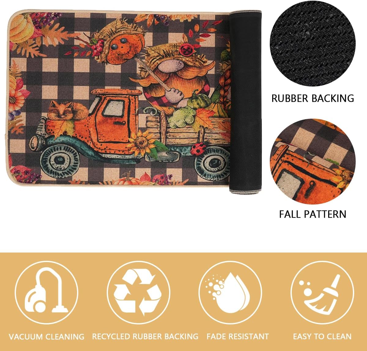 Larponder Fall Pumpkin Gnome Truck Kitchen Mats Set of 2, Non-Slip Absorbent Rug and Door Mats, Home Decor Kitchen Floor Rugs for Autumn Harvest Thanksgiving Holiday - 17x24 and 17x48 Inch