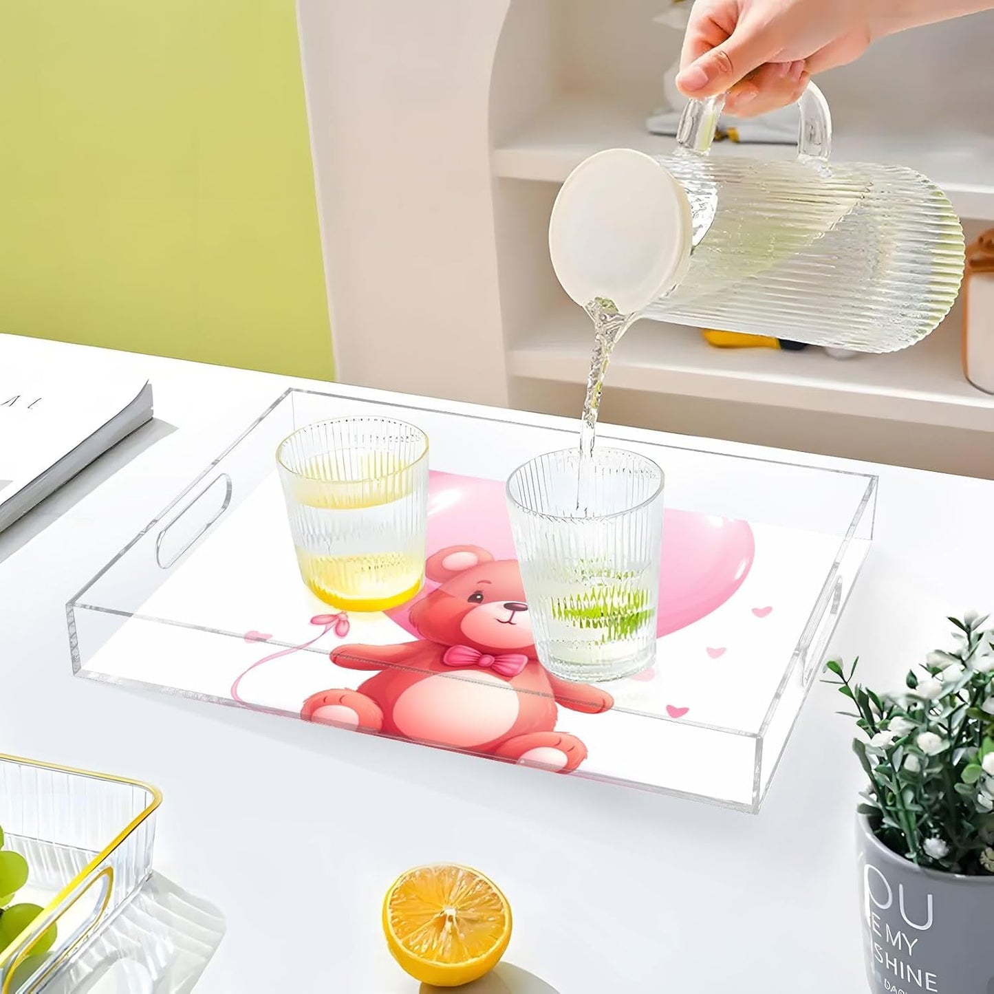 Plastic Food Serving Tray Decorative Vanity Trays for Bathroom Bear Heart 1 Coffee Table Kitchen Counter 11.8 * 15.7in