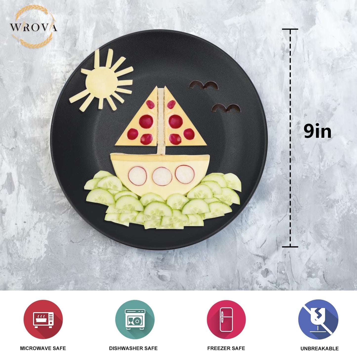 Wrova Wheat Straw Dinner Plates 9 Inch Unbreakable Set of 8 - Dishwasher & Microwave Safe Plastic Plates Reusable - Lightweight Plates for Kitchen,Camping,Apartment,Dorm,RV - Pure Black