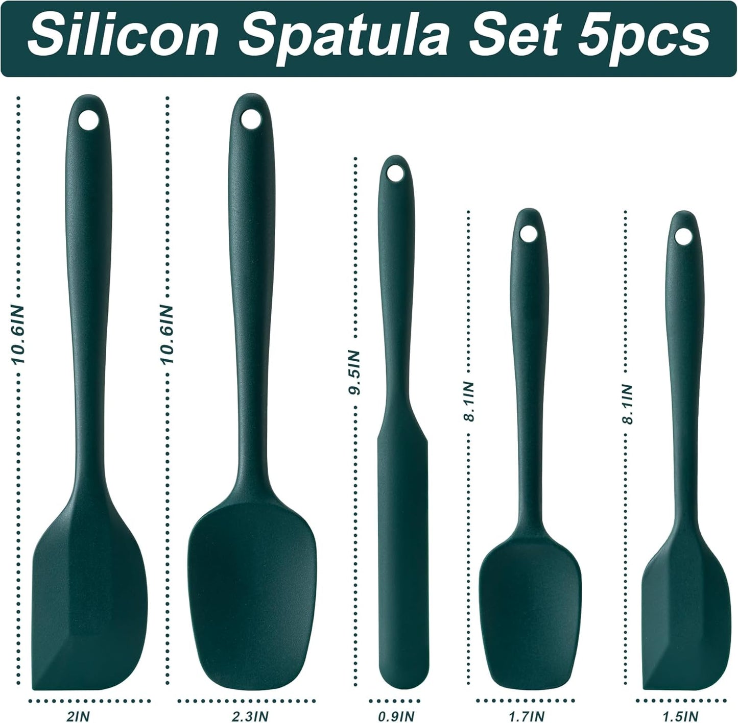 Silicone Spatula Set, 5 Piece Food Grade Rubber Spatulas for Baking, Cooking, and Mixing High Heat Resistant Non Stick Dishwasher Safe BPA-Free (Dark Green)