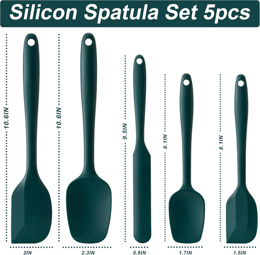 Silicone Spatula Set, 5 Piece Food Grade Rubber Spatulas for Baking, Cooking, and Mixing High Heat Resistant Non Stick Dishwasher Safe BPA-Free (Dark Green)