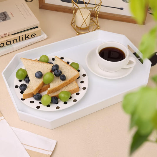 White Octagonal Serving Tray with Handles for Coffee Table, Plastic Decorative Tray for Ottoman, Kitchen Counter, Living Room, Outdoor Lacquer Tray for Entertaining