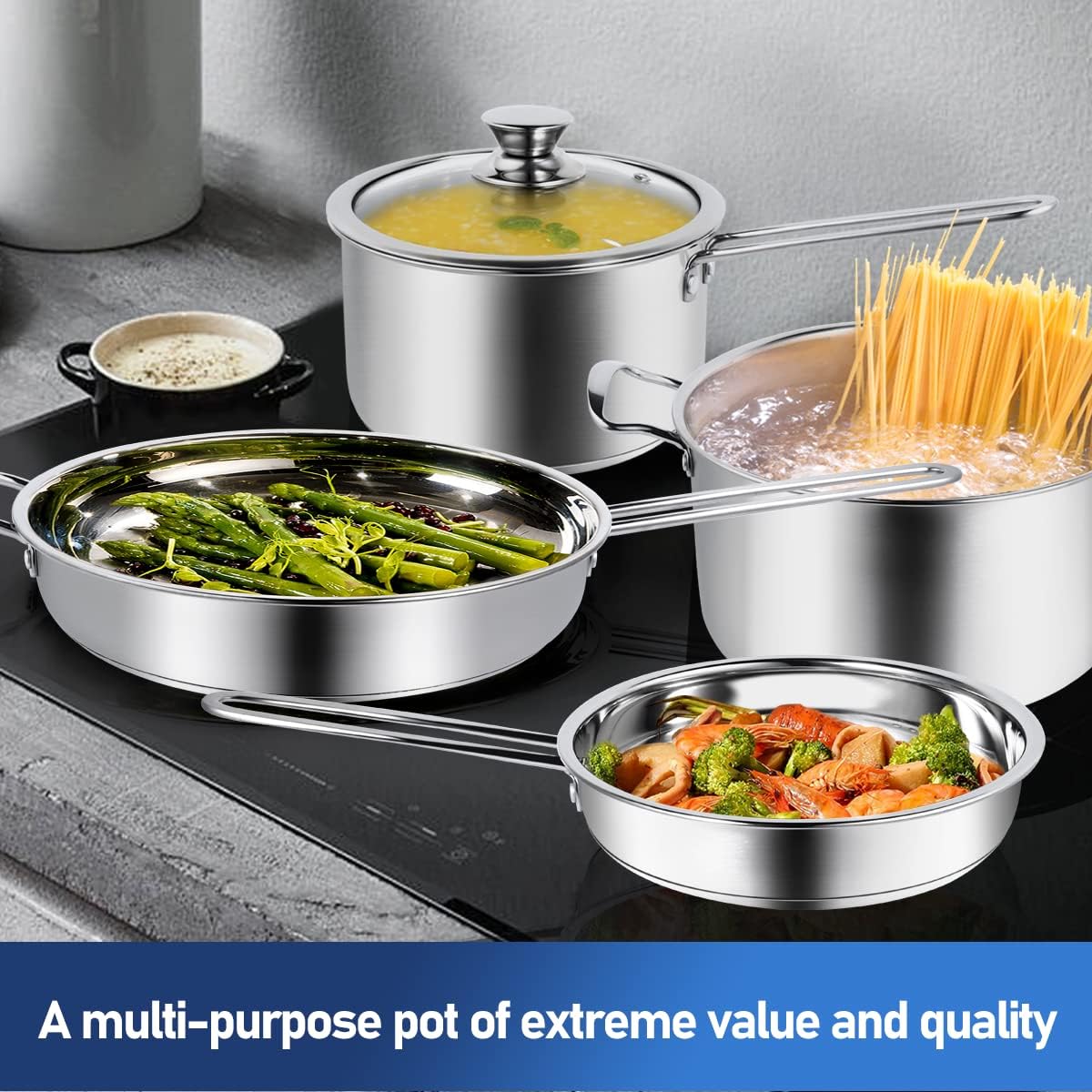 Aufranc 10-Piece Pots and Pans Set, Stainless Steel Cookware Set- Includes Ergonomic Handle Saucepans, Skillets, Dutch Oven, Stockpot, Steamer & More - Premium Pots and Pans for Home Chefs