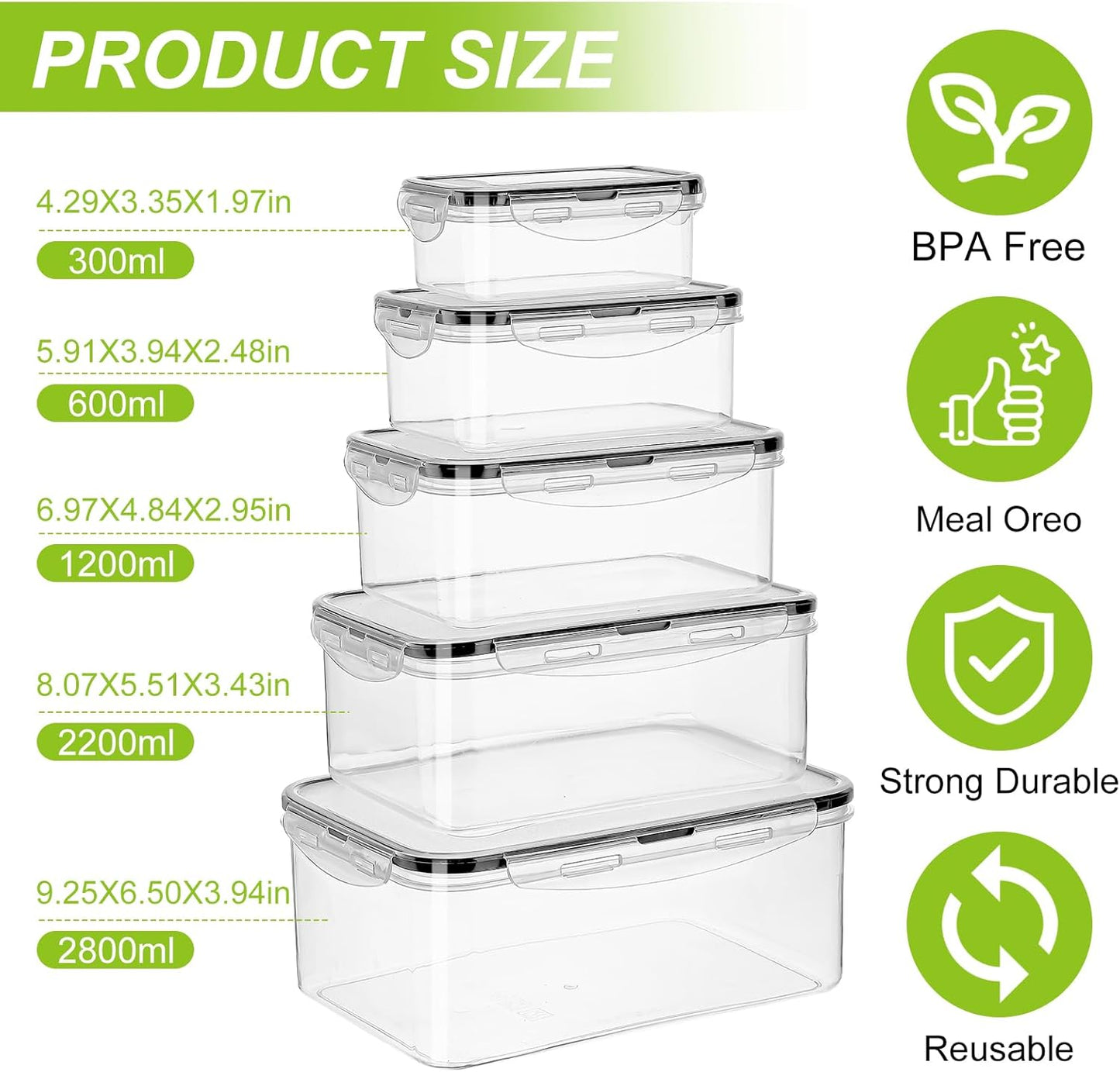 Meal Prep Containers 5pc, Food Storage Containers with Lids BPA Free Plastic, Food Storage Containers Airtight Leakproof Stackable Transparent Dishwasher & Freezer Safe(300-2800ml)