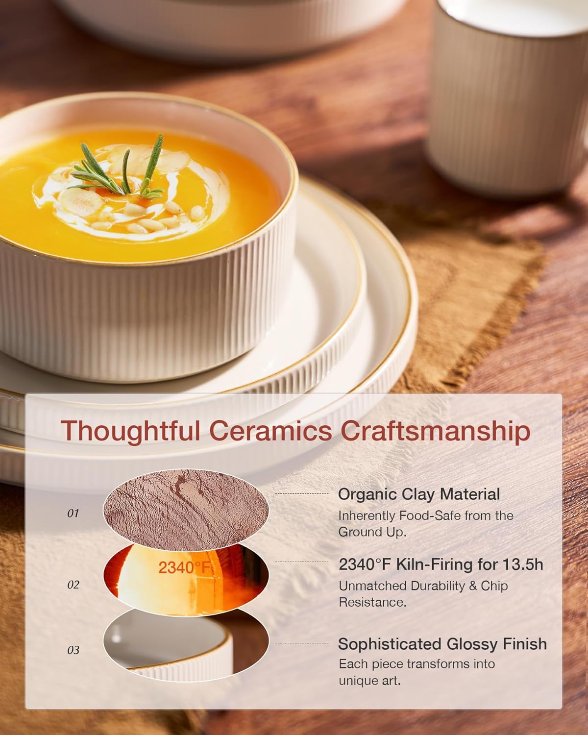 Famiware Star Dinnerware Set, Plates and Bowls Sets for 4 (12pcs), Ribbed Stoneware Dishes - Chip & Scratch Resistant, Microwave & Dishwasher Safe Tableware, White