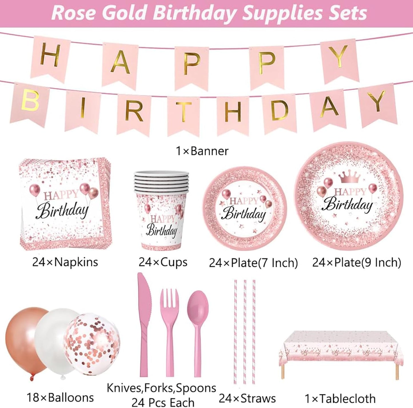 212Pcs Pink Rose Gold Plates Napkins Birthday Party Supplies Disposable Birthday Dinnerware Set,Girls Birthdays Party Plates Pink Sets With Banners Cups Forks knives Spoons Tablecloth Balloon Serve 24