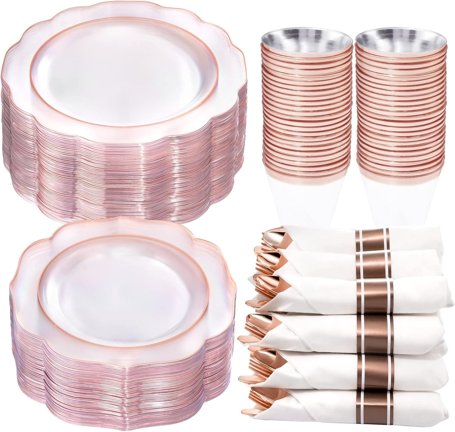 NOCCUR 350PCS Rose Gold Plastic Plates - Clear Rose Gold Disposable Dinnerware Set - Include 100 Dinner/Dessert Plates,50 Cups,50 Pre Rolled Napkins with Cutlery Set - Ideal for Party&Wedding