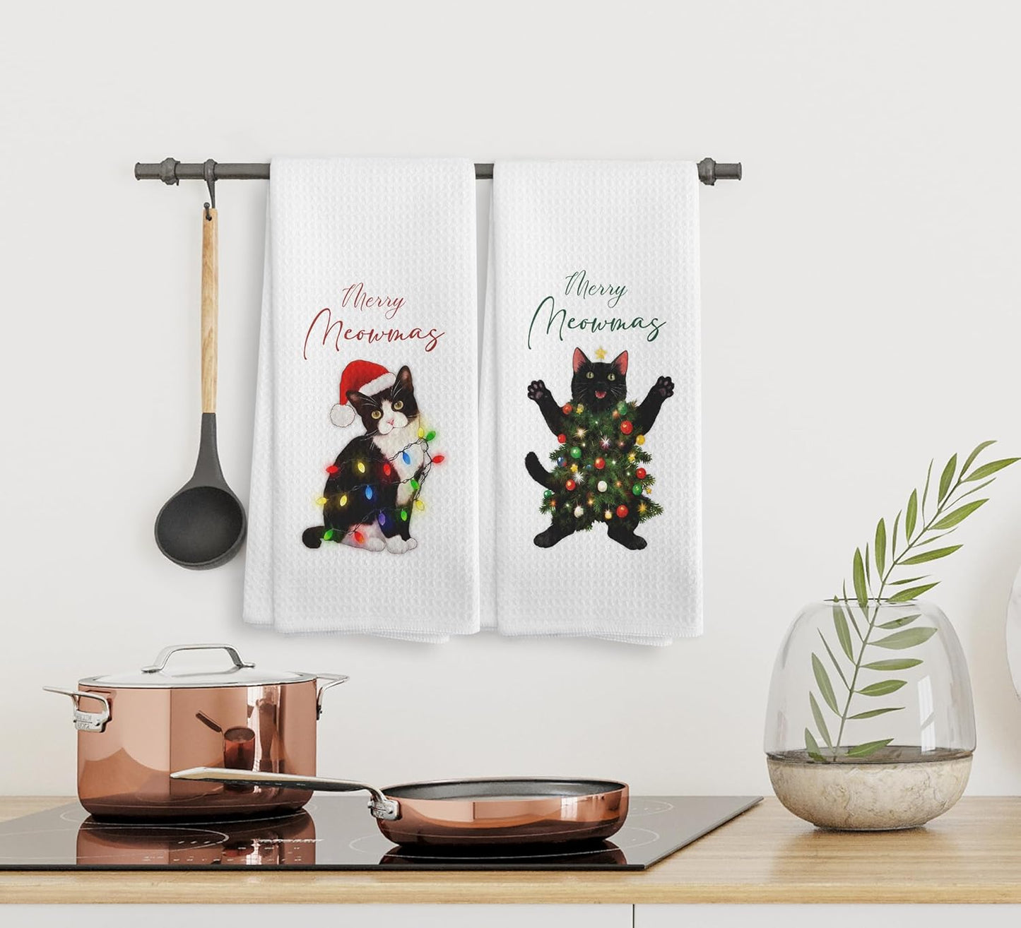 Black Cat Christmas Tree Lights Decor Kitchen Towels and Dishcloths Set of 2, Cat for Cat Lovers, Funny Cat Drying Cloth Hand Towels Tea Towels for Bathroom, 16×24 Inches