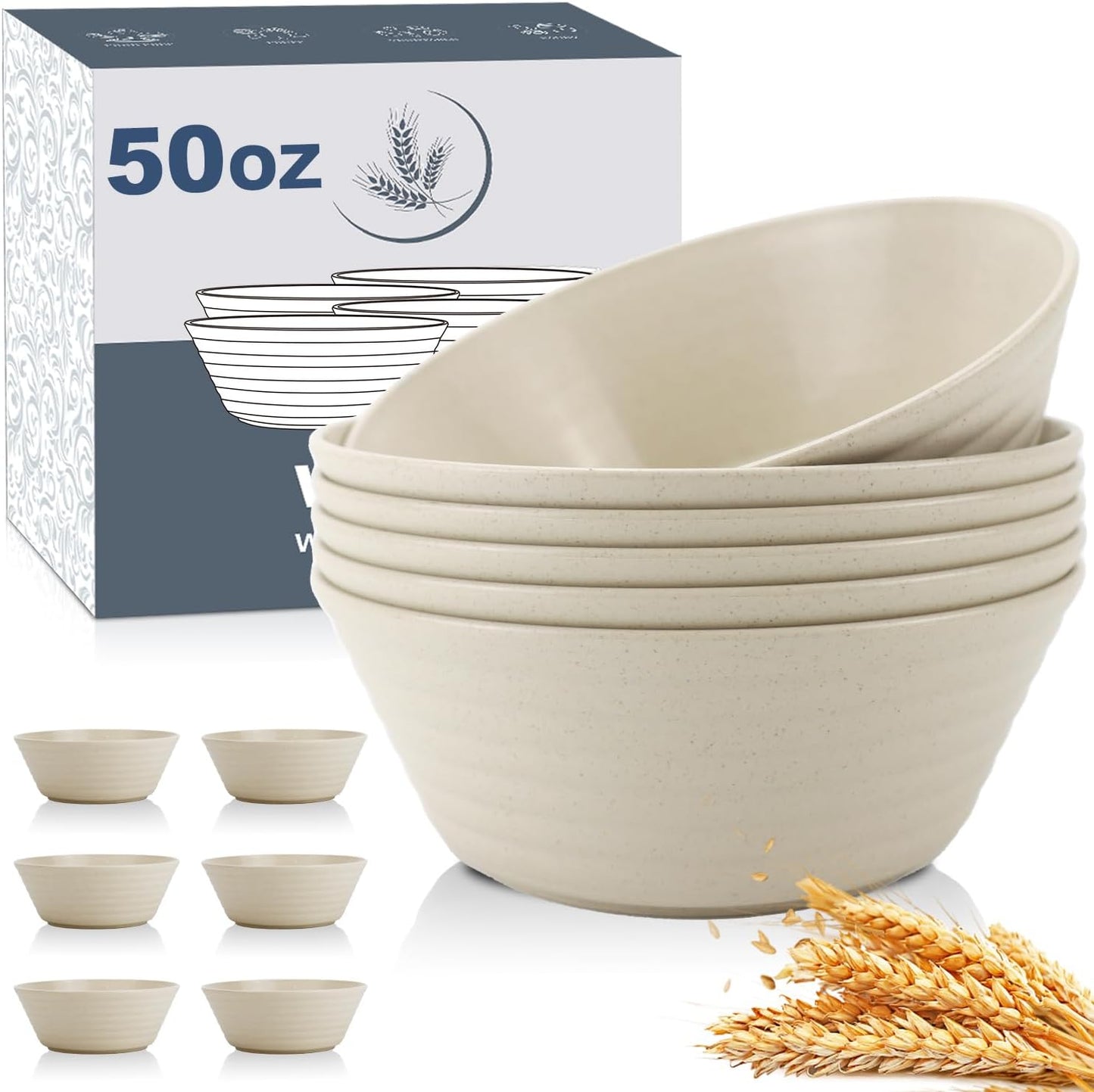 Wrova Wheat Straw Bowl Sets,6 PCS Unbreakable Cereal Bowl 50 OZ,Microwave and Dishwasher Safe Bowls,Super Big Bowl Sets BPA Free for Serving Cereal,Oatmeal and Salad (Beige)