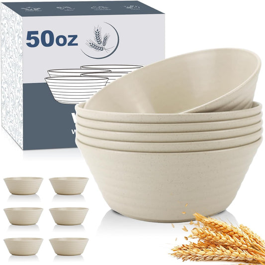 Wrova Wheat Straw Bowl Sets,6 PCS Unbreakable Cereal Bowl 50 OZ,Microwave and Dishwasher Safe Bowls,Super Big Bowl Sets BPA Free for Serving Cereal,Oatmeal and Salad (Beige)